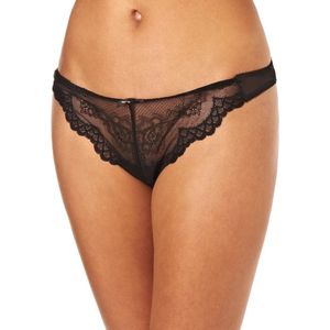 Dames thong slip met kant en mesh band, Zwart