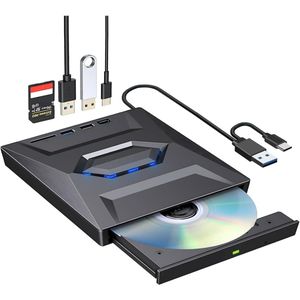 TOVBMUP Externe CD DVD-drive - 3-in-1 Externe DVD/CD Speler voor Laptop & PC - Brander - Optical Drive - met USB-hub en SD-kaartlezer - Optische Drive - USB 3.0 & USB C- Plug & Play - voor laptop Windows 11/10, Mac, Linux-computers