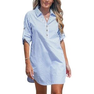 Vintage Hemdjurk voor Dames met Lange Mouwen - Gestreept en Losse V-hals - Modieuze Vrijetijdsjurk