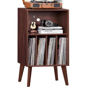 Platenspelerstandaard, platenspeler-standaard biedt plaats aan maximaal 160 albums, Mid-Century vinyl opberghouder, tafel met houten poten, walnoot