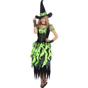 Wilbers & Wilbers - Heks & Spider Lady & Voodoo & Duistere Religie Kostuum - Heks Betoverde Woud Sprookjes - Vrouw - Groen, Zwart - Maat 44-46 - Halloween - Verkleedkleding