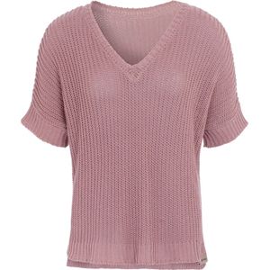 Knit Factory Daisy Gebreide Dames Top - Trui met korte mouwen - Gebreide t-shirt - T-shirt - Shirt gemaakt van 80% gerecyceld katoen - Duurzaam & milieuvriendelijk - Korte mouw - V-hals - Oud Roze - 36/44