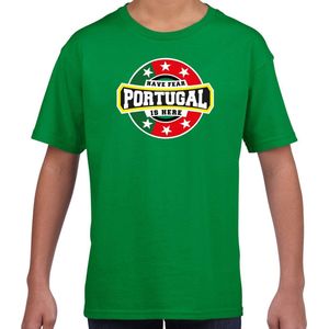 Have fear Portugal is here t-shirt met sterren embleem in de kleuren van de Portugese vlag - groen - kids - Portugal supporter / Portugees elftal fan shirt / EK / WK / kleding 158/164
