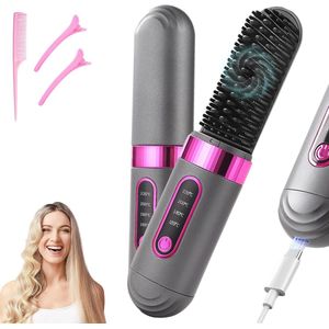 Haar - Draadloze Haarborstel – 3D Keramische Rechte Borstel met Keratine Coating – 4 Temperatuurstanden – Anti-Verbrand Verbreding Kam – Snelle Opwarming & 60 Min Draagbare Batterij – Roze Zwart