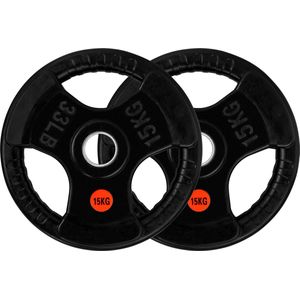 RYZOR Halterschijven set van 2 x 15 kg met rubberen stootrand - Halterschijf met handgrepen - Gewichtschijven - Bumper plates- Halter gewichten 15 kg  - Geschikt voor Olympische halterstang met diameter 50 mm - Gietijzer en rubber - Zwart