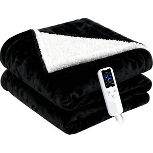 NETTLIFE Elektrische Deken - 180x130cm - 1 persoons Warmtedeken - Dubbelzijdig - Elektrische onderdeken - flanel en lamswol - zwart