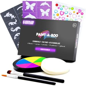 Paintaboo Glow in the Dark Schminkset - Set met Penselen, Sponsje, Sjablonen & Glitters - Schmink Palet voor Kinderen - 6 Neon Kleuren - Koningsdag