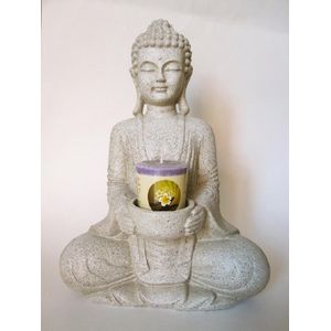Boeddha - Meditatie Boeddha met kaarshouder Steengrijs - 27 - Polyresin