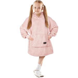 Kinderhoodie-deken - oversized knuffelhoodie voor kinderen - meisjes en jongens - knuffelfleece draagbare deken - sherpa - wollige enorme capuchon - sweatshirt voor jongeren - roze