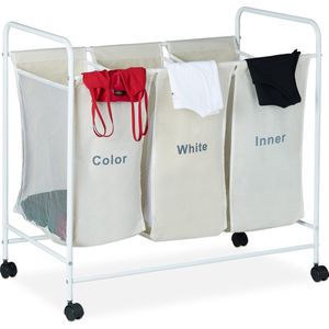 Relaxdays wasmand met 3 vakken - wassorteerder - op wieltjes - waszakken - wasbox - 100 l