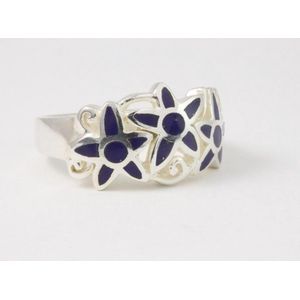 Opengewerkte zilveren ring met lapis lazuli bloemen - maat 17