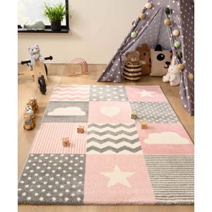 Vloerkleed kinderkamer blokken - Adventures roze/grijs 200x290 cm