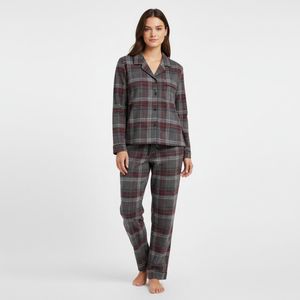 La V Flanel pyjamaset voor dames met geruit patroon Grijs-bordeaux rood S