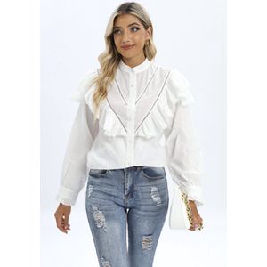 Ruffle blouse met knopen - Wit - Top voor dames - Witte blouses voor vrouwen - Overhemd met kant volwassenen - Lange mouwen - One-size - Een maat