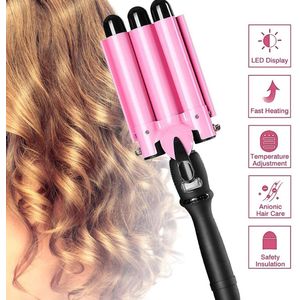 Black Friday!JUNMA Professionele Golvenkrultang met het LCD-scherm-Wafeltang 25mm – Signature Curls Edition – Waver – Golvenkrultang – Wave Krultang – Moederdag cadeautje 25mm Roze