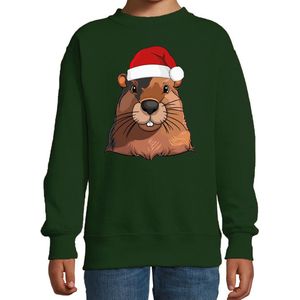 Bellatio Decorations Kersttrui / sweater familie Bever - kinderen - dieren - groen - kerstmuts - Kerstmis 98/104