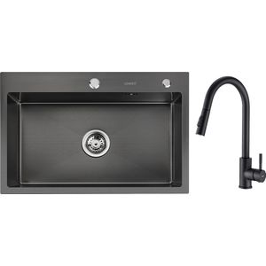 Lonheo max Spoelbak Keuken 68x45 - Met keukenkraan met uittrekbare uitloop - Inbouwspoelbak - Gootsteen RVS - Spoelbak Met Kraangat - Spoelbak Met Zeepdispenser - Verstelbaar Mandje - Antraciet