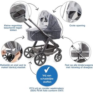 Regenhoes/Regenscherm voor Kinderwagen/Wandelwagen met Reiswieg (passend op Joolz, Quinny, Bugaboo e.d.) met Optimale Ventilatie, Kijkvenster, Waterdicht en Duurzaam, PVC vrij