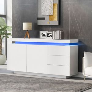 Moderne Dressoir kast met LED licht - hoogglans dressoir woonkamer zijkast - staande kast ladekast - highboard dressoir meubel 2 deuren 3 lades - greeploos 140x35x72.5cm - wit