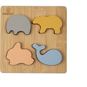 Monkiezz® houten puzzel - animal | educatief | spellen | speelgoed | silicone | olifant, ijsbeer, konijn en walvis | vormenpuzzel