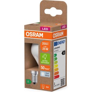 Osram LED lamp in classic miniball shape, with decorative LED filament in frosted design, energy efficiency class A, E14, 1.2 W, 255 lm, 4000 K, cool white. 100% light straight away.