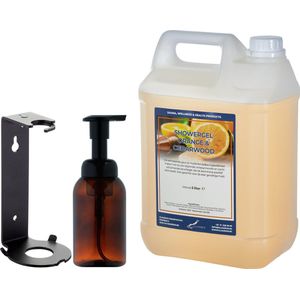 Zeepdispenser 300 ml amber bruin hervulbaar + 5 liter Showergel Sweet Orange & Cedarwood navulling (inclusief beugel)