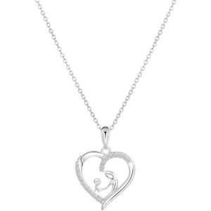Lucardi Dames Zilveren ketting met hart moeder en kind zirkonia - Ketting - 925 Zilver - Zilverkleurig - 45 cm
