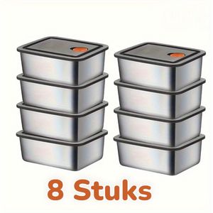Dutchers® 8 Stuks Duurzame RVS Vershoudbakjes - 745ml - Lekvrij - Lunchtrommel - Roest vrij staal Lunchbox - Hermetic Lunch Box - Meal Prep Bakjes - Broodtrommel Groot - Food Storage Containers