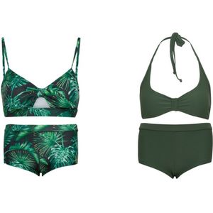 Set van 2 bikini hipster broekje en top - Groen leaf/ effen groen 140-146