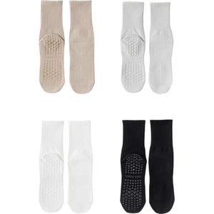 4 Paar - Dames Antislip Sokken - Yoga Sport sokken - Beige Lichtgrijs Effen - Maat 35-38