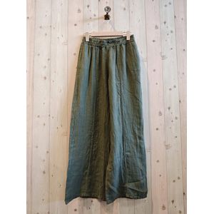 Prachtige linnen broek met elastische talie - broderie op de pijpen - zijzakken - kleur GROEN KAKI - maat 42