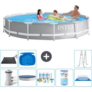 Intex Rond Prism Frame Zwembad - 366 x 76 cm - Grijs - Inclusief Pomp Afdekzeil - Onderhoudspakket - Filter - Grondzeil - Solar Mat - Ladder - Voetenbad