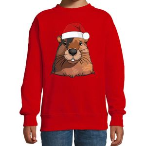 Bellatio Decorations Kersttrui / sweater familie Bever - kinderen - dieren - rood - kerstmuts - Kerstmis 98/104
