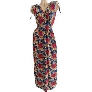 Lang jurk met bloemenprint Onesize rood/bruin/blauw