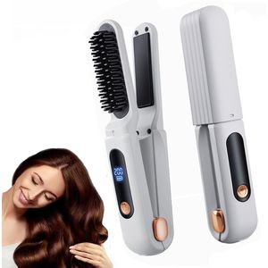 CHIWIN Draadloze Stijltang Borstel 2 in 1 – Ionische Haarborstel met LCD Display voor Steil en Krulhaar – 3500mAh – Draagbaar en Oplaadbaar – 160°C / 180°C / 200°C