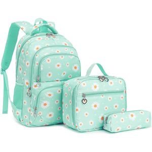 Ultiluxe® Rugzak met bloemen 3 stuks - Groen/wit - 30 x 17 x 44 cm - Rugtas, lunchtas, etui - 15.6 inch laptoptas - Schoolrugzak voor kinderen - Meiden school tassen set - 22 L - Schooltas voor meisjes - Madeliefjes schoolrugtas