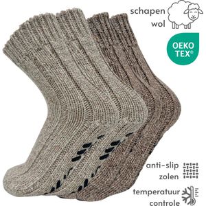 Noorse Dikke Wollen Sokken met antislip - Set van 2 paar - Beige & Bruin - maat 39-42 - Huissokken Dames/Heren/Dikke Wintersokken/Hygge