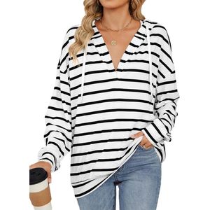 Dames herfst gestreepte pullover hoodies lange mouwen knoop trekkoord gestreepte capuchon sweatshirt pullover tops