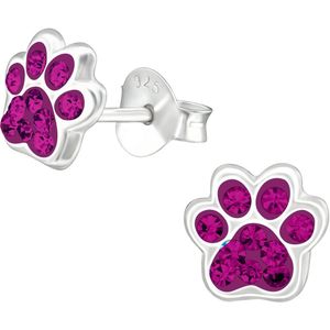 Joy|S - Zilveren kat hond dierenpoot oorbellen - 7 x 6 mm - fuchsia roze kristal - poot afdruk - kinderoorbellen