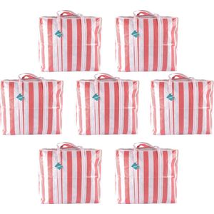 Set van 7 Boodschappentas Met Rits - Rode & Wit Gestreepte - Opvouwbaar - Ideaal Reistas voor Boodschappen Doen, Outdoor Werk, & Meer - 82 Liter Opbergtas - 55x30x50cm