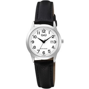 Q&Q C31A-003PY - Horloge - Analoog - Dames - Vrouwen - Leren band - Rond - Metaal - Cijfers - Datumaanduiding - Zwart - Zilverkleurig - Wit - 3 ATM