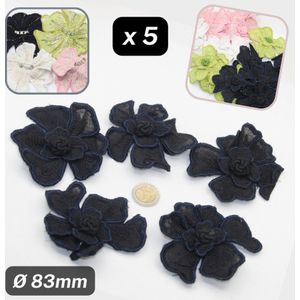 5 STOFFEN BLOEMEN BROCHEN, op Speld, Diameter 83MM, Kleur ZWART