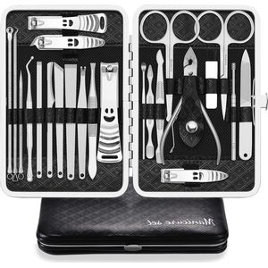 Professionele 23-delige manicure set - roestvrij stalen nagelknipper kit voor pedicure - met PU-lederen hoes - reizen en thuis - zwart / zilver
