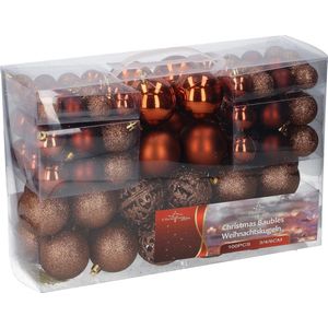 100 Kunststof Kerstballen - Kerstversiering voor Binnen en Buiten - Mat, Glanzend, Glitter en Opengewerkt - Verschillende Afmetingen Ø 3/4/6 cm, Bronze.