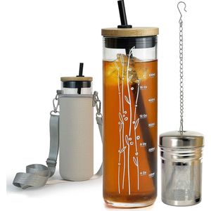 600 ml drinkbeker - glazen beker - drinkfles van glas met rietje en bamboedeksel - glazen beker met deksel en rietje