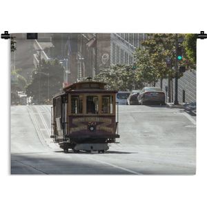 Wandkleed Tram - Een tram rijdt langs de antieke huizen in San Francisco Wandkleed katoen 150x112 cm - Wandtapijt met foto