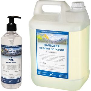 Handzeep No Scent, No Colour 500 ml met gratis pompje - hervulbaar + Jerrycan 5 liter navulling