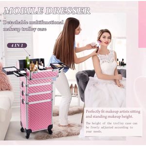 ROZE Grote Capaciteit 4in1 Make-Up Trolley Koffer 34x25x95.5cm Hoog- Cosmetica Rolkoffer & Stille Wielen- Multifunctioneel Beauty Case 8 Afsluitbare Sloten- Make-up Treinkoffer- Kappers & Reizen- Beautykoffer Deluxe Waterdicht 3 Verstelbaar Trekstang