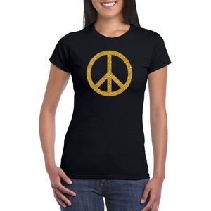 Toppers Zwart Flower Power t-shirt gouden glitter peace teken dames - Sixties/jaren 60 kleding L