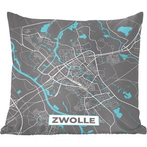 Sierkussens - Kussentjes Woonkamer - 45x45 cm - Plattegrond - Zwolle - Grijs - Blauw - Stadskaart